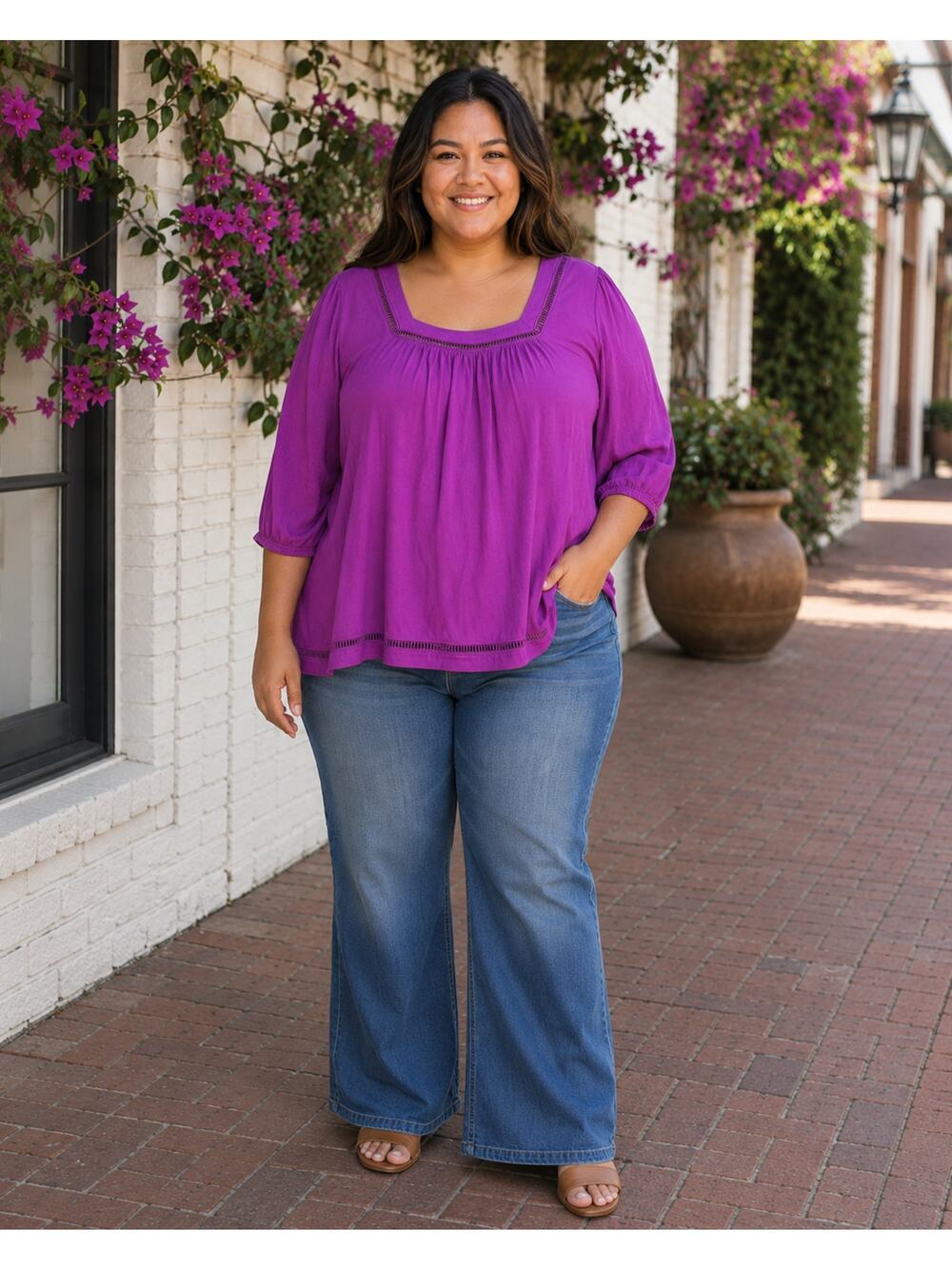 Daisy Fuentes 1X Purple Tunic Top Square Neck Boho Stretch Plus Size